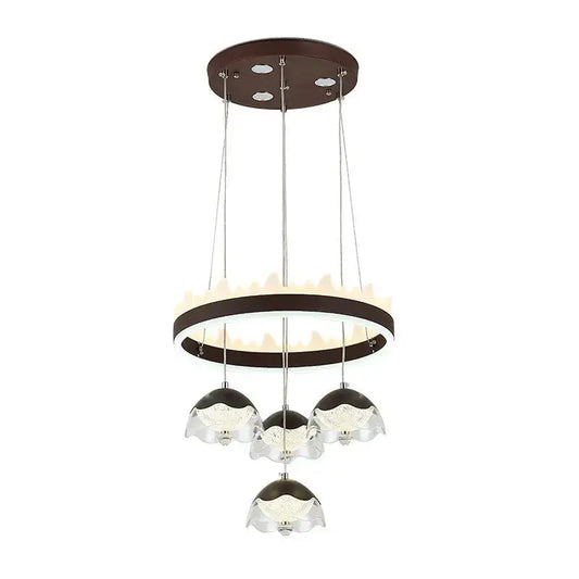 Modern chrome and black led dining table chandelier with dark brown ceiling mount and clear glass shades for dining table lighting