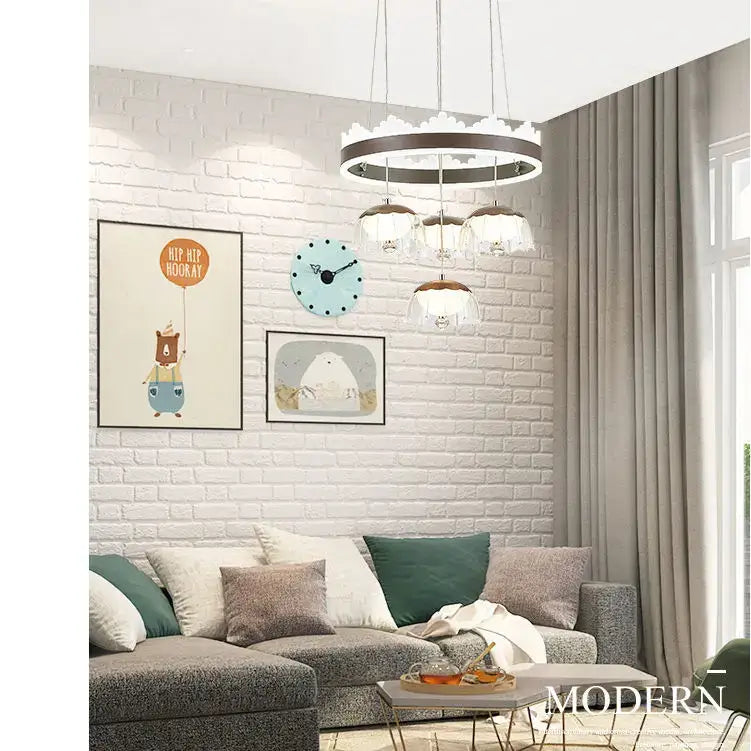 Modern chrome and black led dining table chandelier with dark metal frame and clear glass shades for dining table lighting
