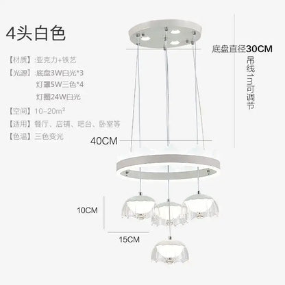 Modern white acrylic and metal four-head dining table chandelier with crystal-like glass shades for led dining use