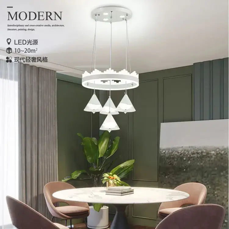 White modern led dining table chandelier with circular chrome top ring and hanging triangular glass lampshades