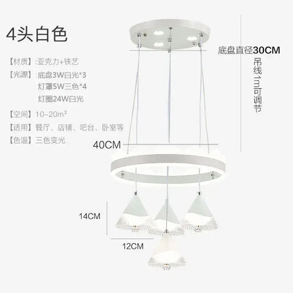White acrylic and iron four-head pendant chandelier with adjustable cords for modern led dining table chandelier use