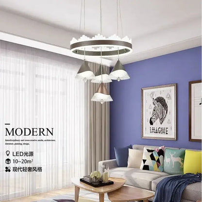 Modern chrome and black led dining table chandelier with a dark metal frame and conical glass shades in white beige and bronze