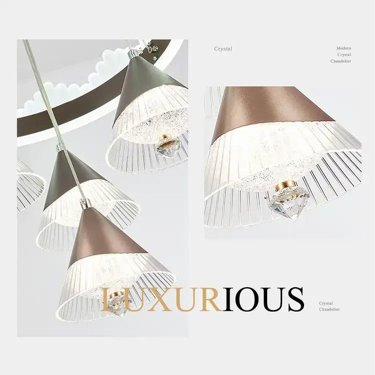 Modern chrome and black led dining table chandelier with a conical bronze and clear glass shades featuring pleated detailing