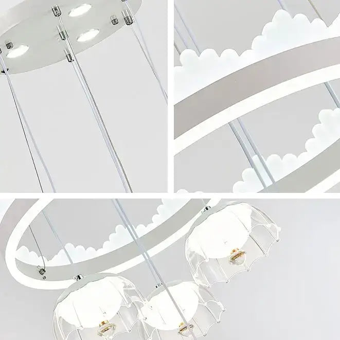 Modern white cloud-shaped led dining table chandelier with clear glass shades and chrome accents for dining table use