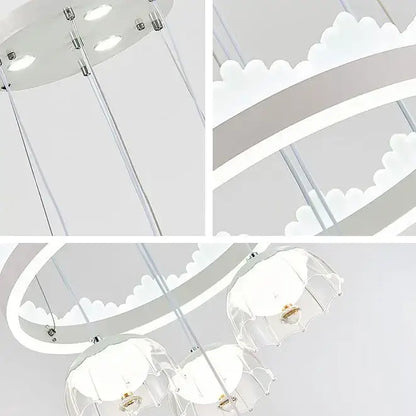 Modern white cloud-shaped led dining table chandelier with clear glass shades and chrome accents for dining table use