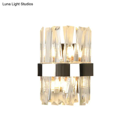 Modern chrome and clear crystal wall lamp with faceted glass rods and black silver metallic band for bedroom use