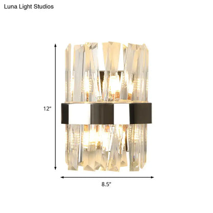 Modern chrome and clear crystal wall lamp with vertical faceted glass rods and black and silver metallic band