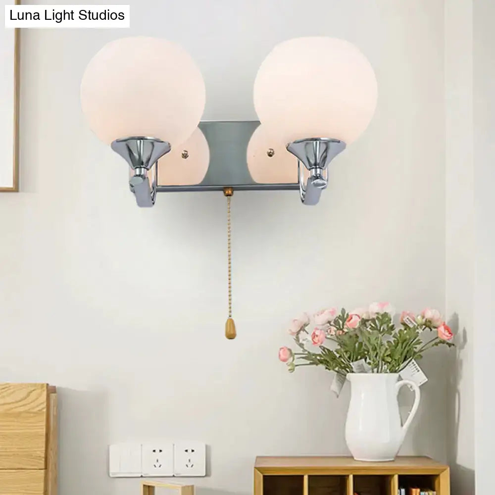 Modern chrome and cream glass wall light bedroom sconce with two frosted globe shades and pull chain 220v-240v 110v-120v wall lamp