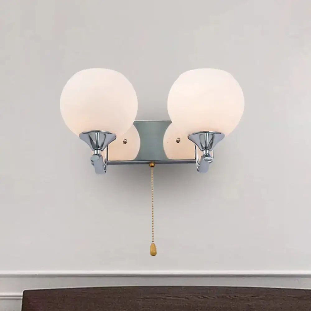 Modern chrome wall light bedroom sconce with two cream frosted glass globes and brass pull chain 220v-240v 110v-120v