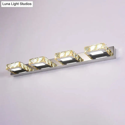 Modern chrome and gold crystal vanity sconce with three square crystal accents for bathroom lighting