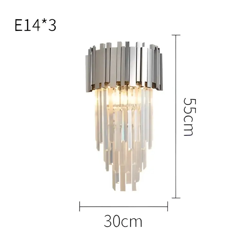 Modern chrome and gold decorbites crystal clear led wall sconce featuring cascading crystal prisms 55cm tall 30cm wide
