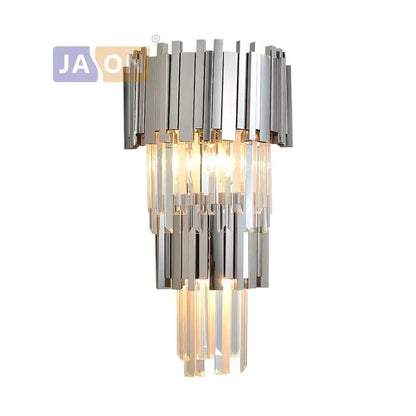 Modern chrome and gold decorbites crystal clear led wall sconce with a sleek tiered design for bedroom lighting
