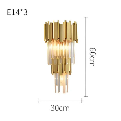 Modern chrome and gold decorbites crystal clear led wall sconce with three tiers of gold-toned cylindrical brass fixtures