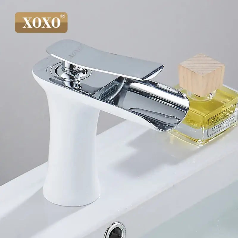 Modern chrome and white copper waterfall vanity faucet with sleek design and white ceramic base for bathroom decorbites copper waterfall