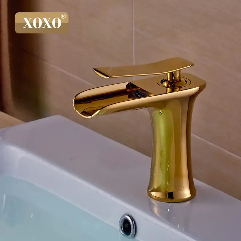 Modern chrome and white copper waterfall vanity faucet with gold finish by xoxo featuring sleek decorbites copper waterfall design
