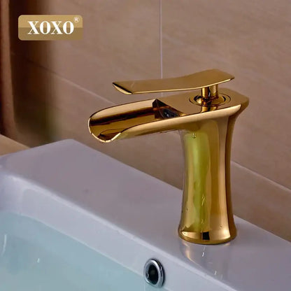 Modern chrome and white copper waterfall vanity faucet with gold finish by xoxo featuring sleek decorbites copper waterfall design