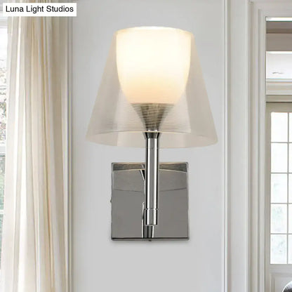 Modern chrome and white glass flared wall sconce with translucent diffused lampshade and subtle concentric ridges