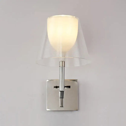 Modern chrome and white glass flared wall sconce with frosted glass shade for living room lighting