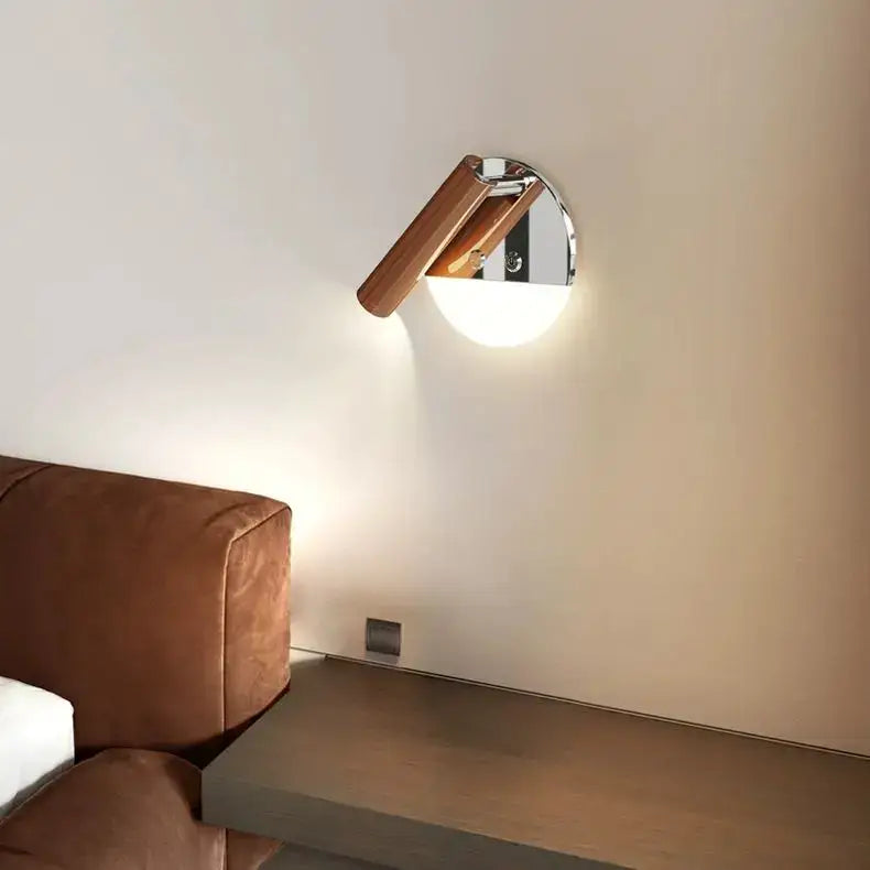 Modern chrome and wood wall lamp with spectrum eye protection featuring a warm wooden arm and soft ambient light