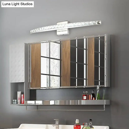 Modern chrome and wood bathroom mirror cabinet with sleek curved led vanity light bar and fixture height details visible