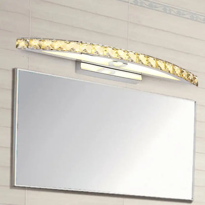 Modern chrome and wood led vanity light bathroom fixture with sleek curved arched design and golden crystal accents and fixture height