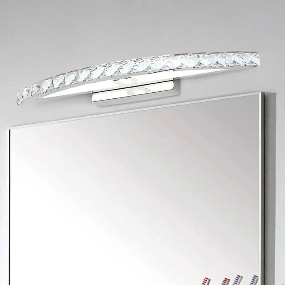 Modern chrome and wood led vanity light with sleek curved design, chrome finish, crystal accents, and fixture height detail