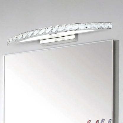 Modern chrome and wood led vanity light with sleek curved design, chrome finish, crystal accents, and fixture height detail