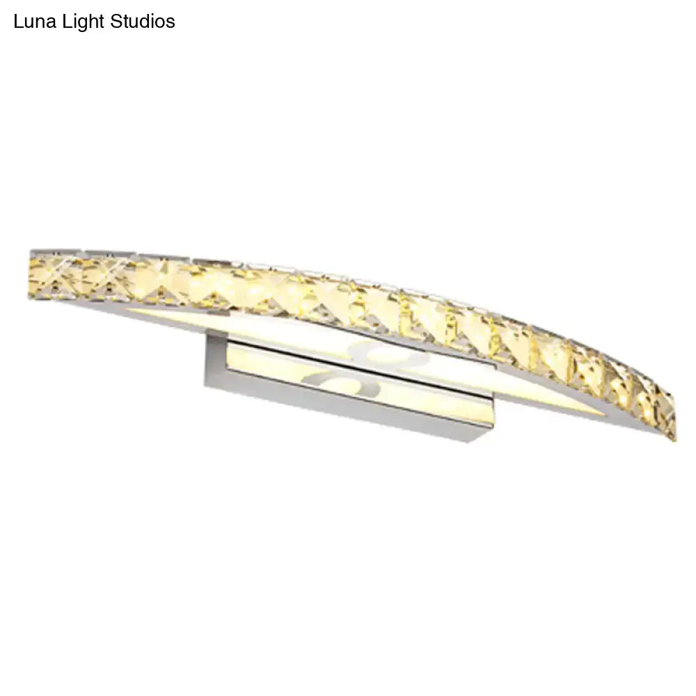 Modern chrome and wood led vanity light fixture with curved design, faceted crystal accents, and polished chrome finish