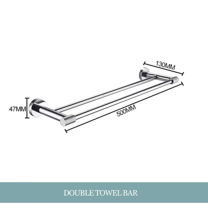 Modern chrome bathroom essentials set featuring a chrome-finished double towel bar with textured end caps from decorbites bathroom essentials