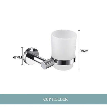 Modern chrome wall-mounted cup holder with frosted white glass tumbler from decorbites bathroom essentials set
