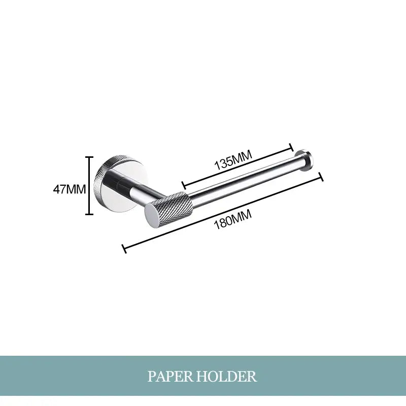 Modern chrome metal toilet paper holder with textured grip handle in decorbites bathroom essentials set