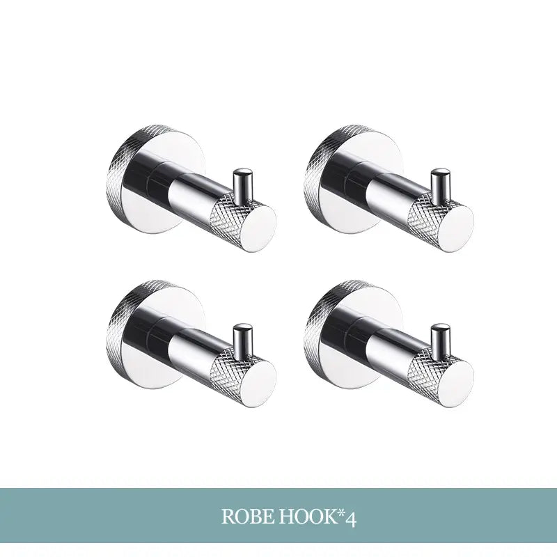 Set of four sleek chrome robe hooks with textured circular bases and diamond grip from decorbites bathroom essentials set