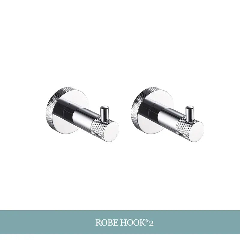 Pair of sleek chrome robe hooks with textured knurled ends in modern minimalist decorbites bathroom essentials set