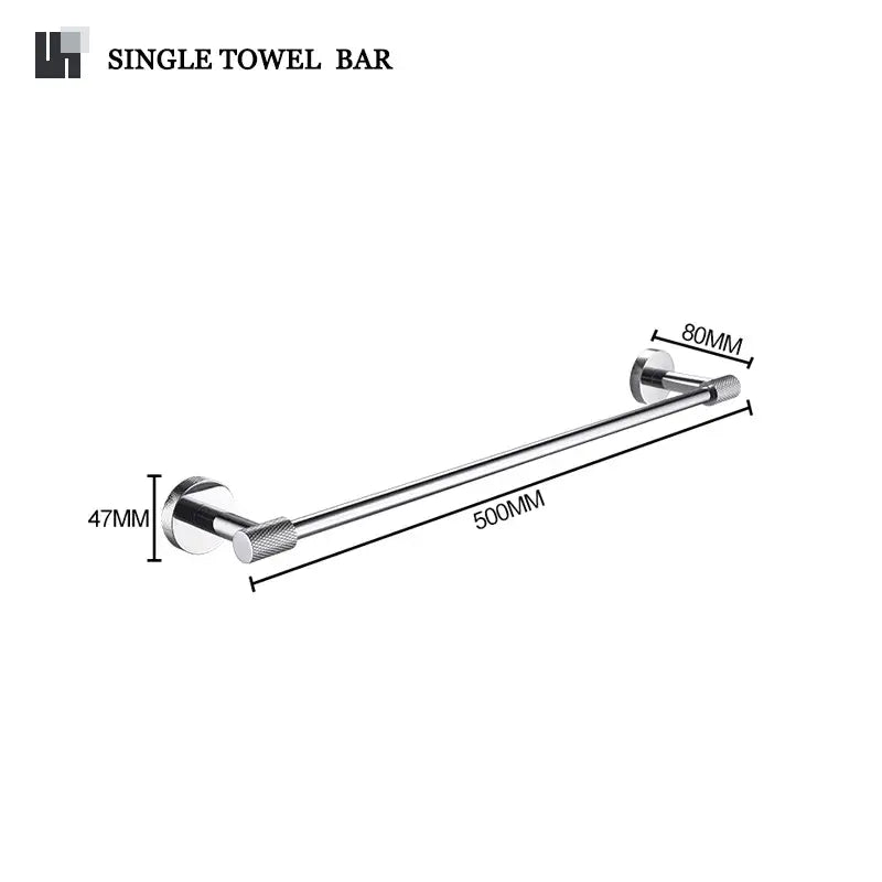 Shiny chrome finished single towel bar with textured knobs and precise dimensions in decorbites bathroom essentials set