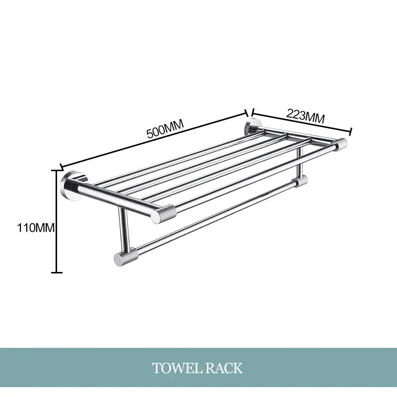A sleek double-tiered towel rack with polished chrome finish and textured knobs from decorbites bathroom essentials set