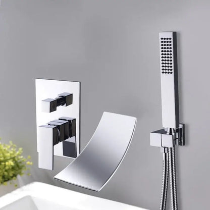 Modern chrome bathtub faucet mixer with waterfall spout and handheld showerhead for bathroom wall mounting