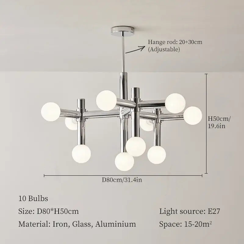 Modern chrome bauhaus glass hanging ceiling lamp with ten frosted globe bulbs in geometric multi-armed design