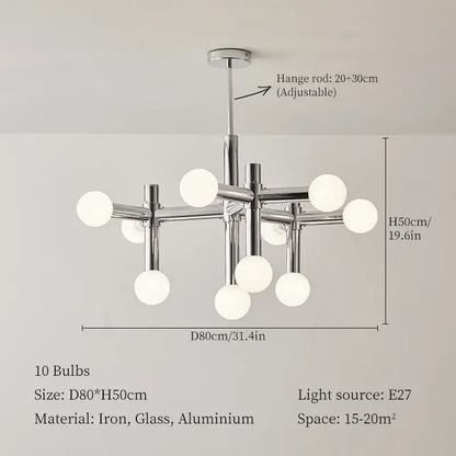 Modern chrome bauhaus glass hanging ceiling lamp with ten frosted globe bulbs in geometric multi-armed design