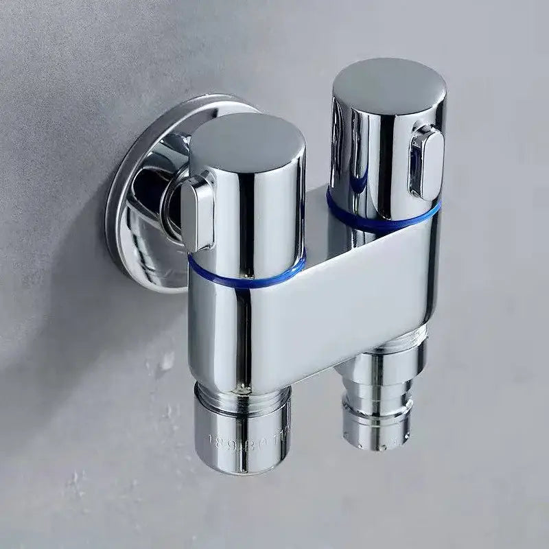 Modern chrome bidet faucet set with dual handles and blue accent rings featuring a sleek, durable design