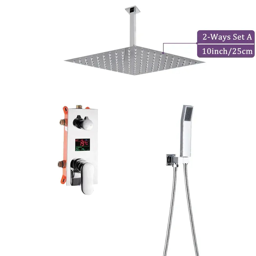 Modern chrome big rainfall shower faucet with 10-inch square rainfall showerhead and digital temperature display