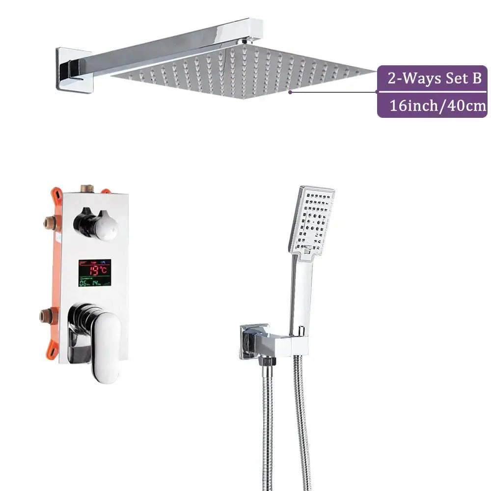 Modern chrome big rainfall shower faucet featuring a 16-inch chrome rainfall shower and digital temperature control unit