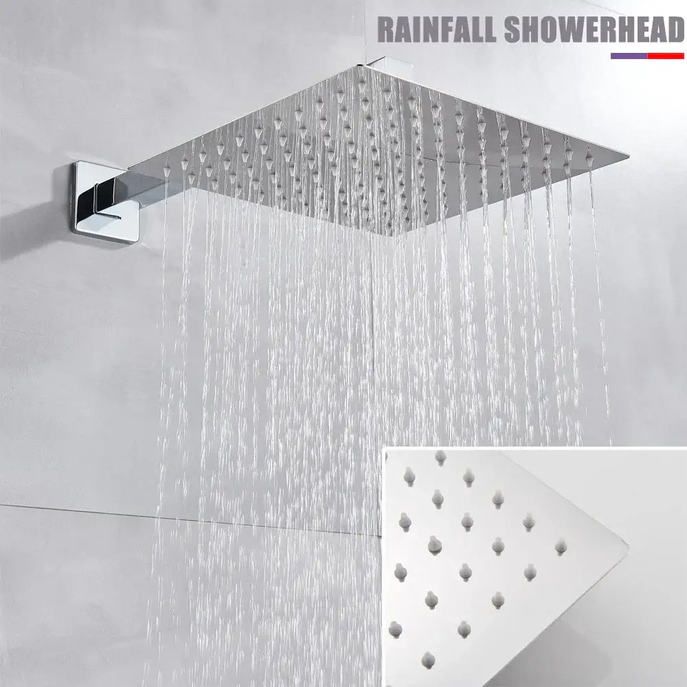 Modern chrome big rainfall shower faucet with digital display featuring a square chrome-finished rainfall showerhead and multiple jets