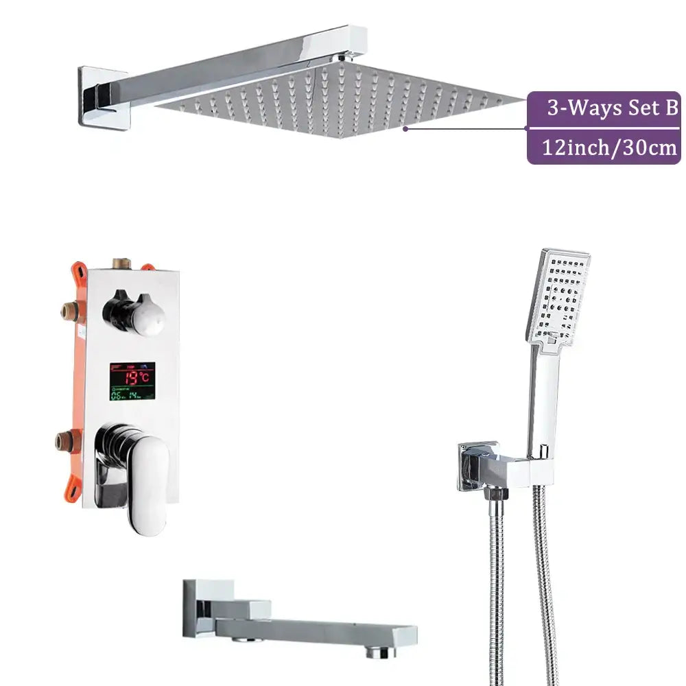 Chrome finished modern 12-inch big rainfall showerhead with multiple nozzles for an advanced shower faucet experience