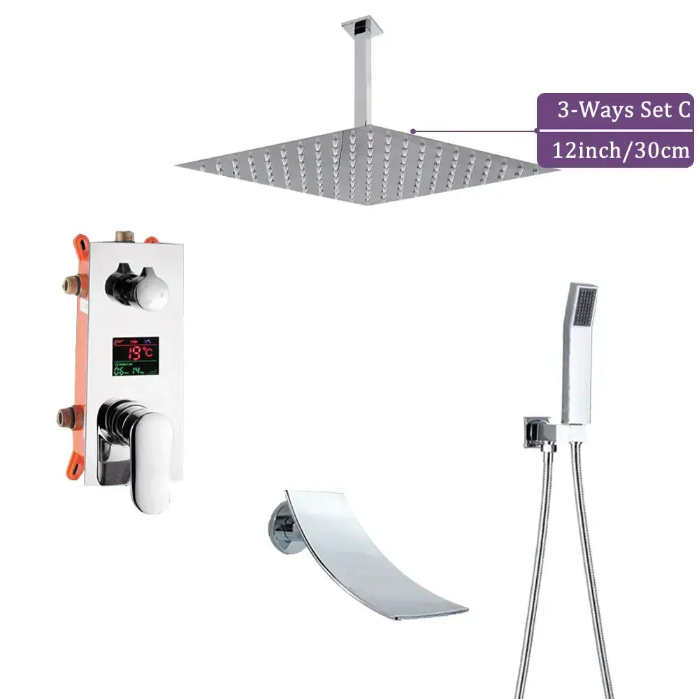 Modern chrome big rainfall shower faucet with a 12-inch square rainfall showerhead featuring a sleek grid pattern
