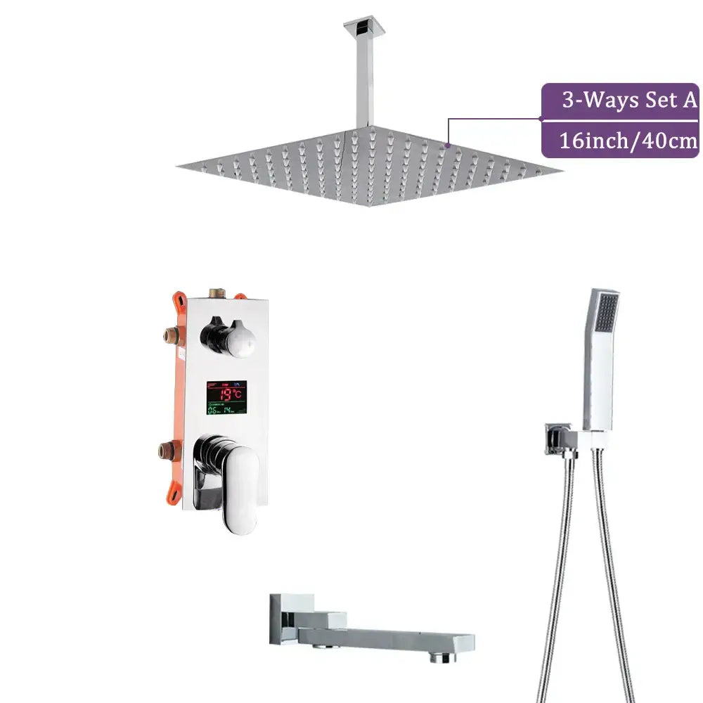 Modern chrome big rainfall shower faucet featuring a 16-inch square rainfall showerhead with sleek grid-pattern design