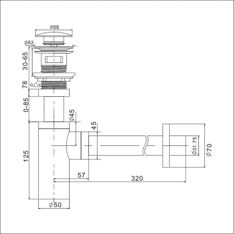Technical drawing of modern chrome and black basin sink drain kit with chrome finish and threaded connections for decorbites bathroom basin