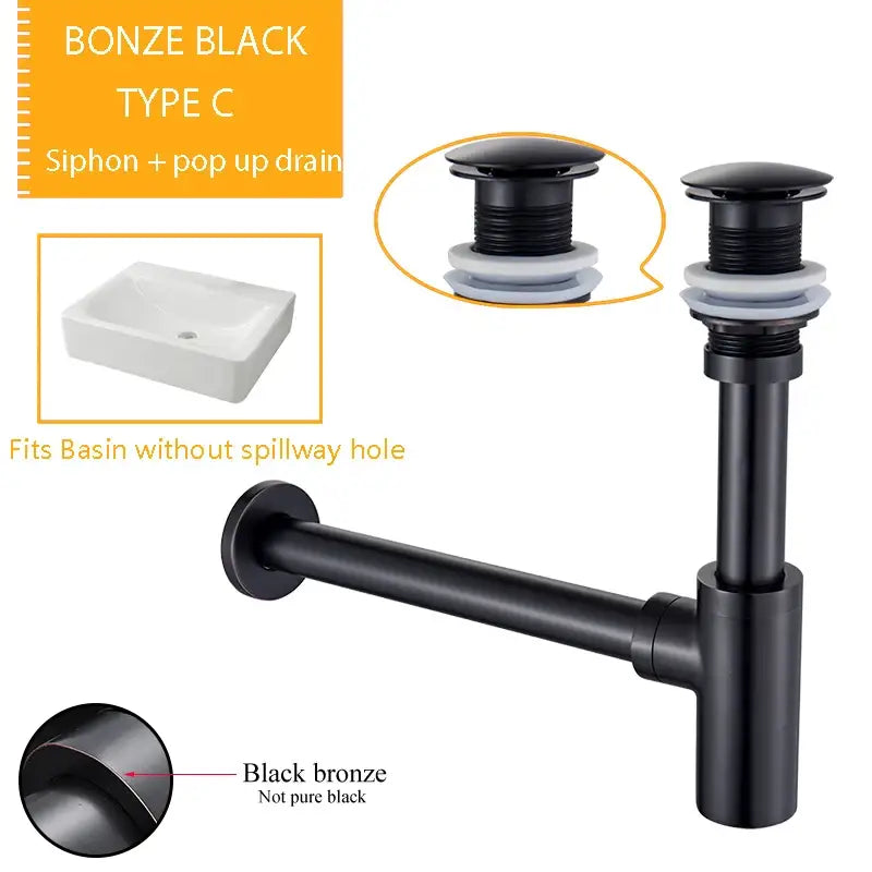 Modern chrome and black basin sink drain kit with black bronze siphon and pop-up drain assembly for decorbites bathroom basin