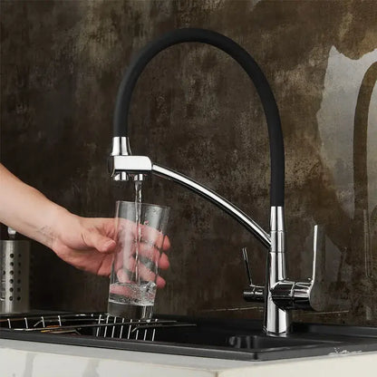 Modern chrome and black decorbites black deck mounted kitchen faucet with flexible rubber hose and pull down spout