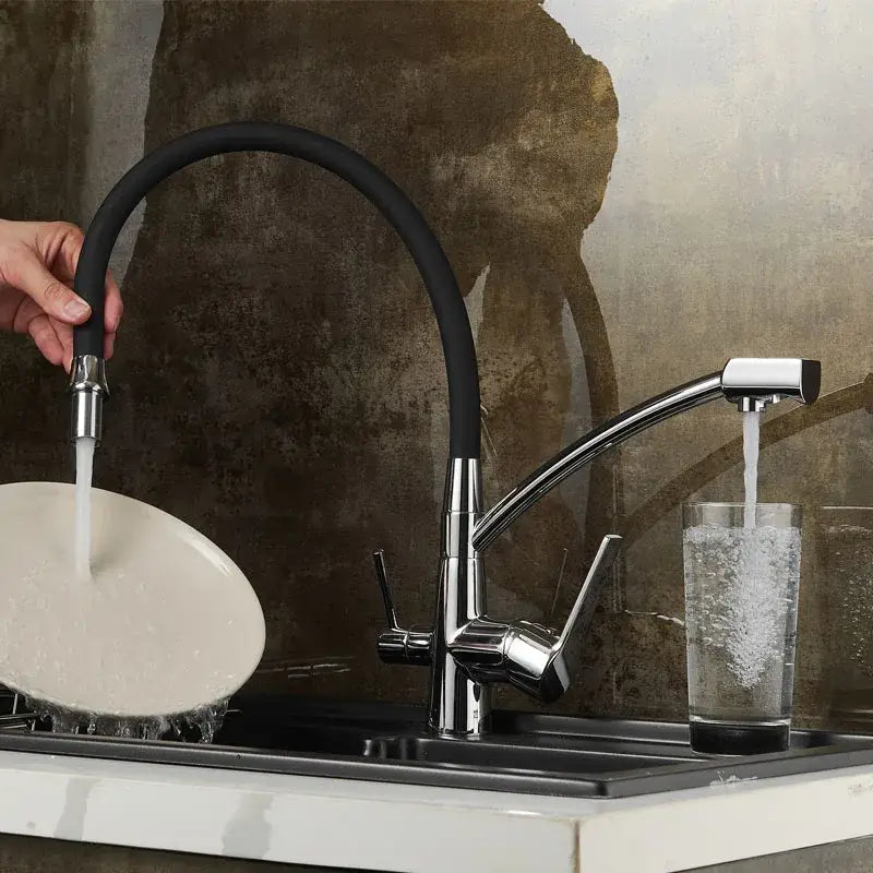 Modern chrome and black deck mounted kitchen faucet with flexible rubber hose and pull-down spout decorbites black deck