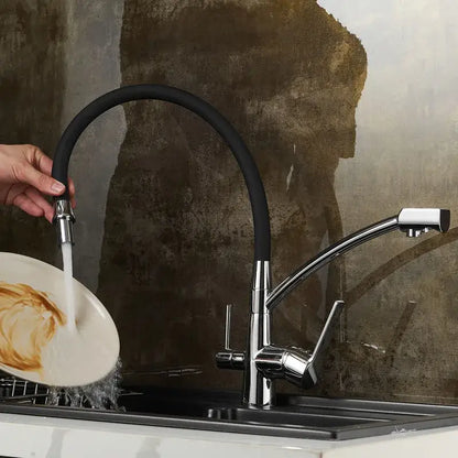 Modern chrome and black deck mounted kitchen faucet with flexible rubber hose and pull down spray head decorbites black deck